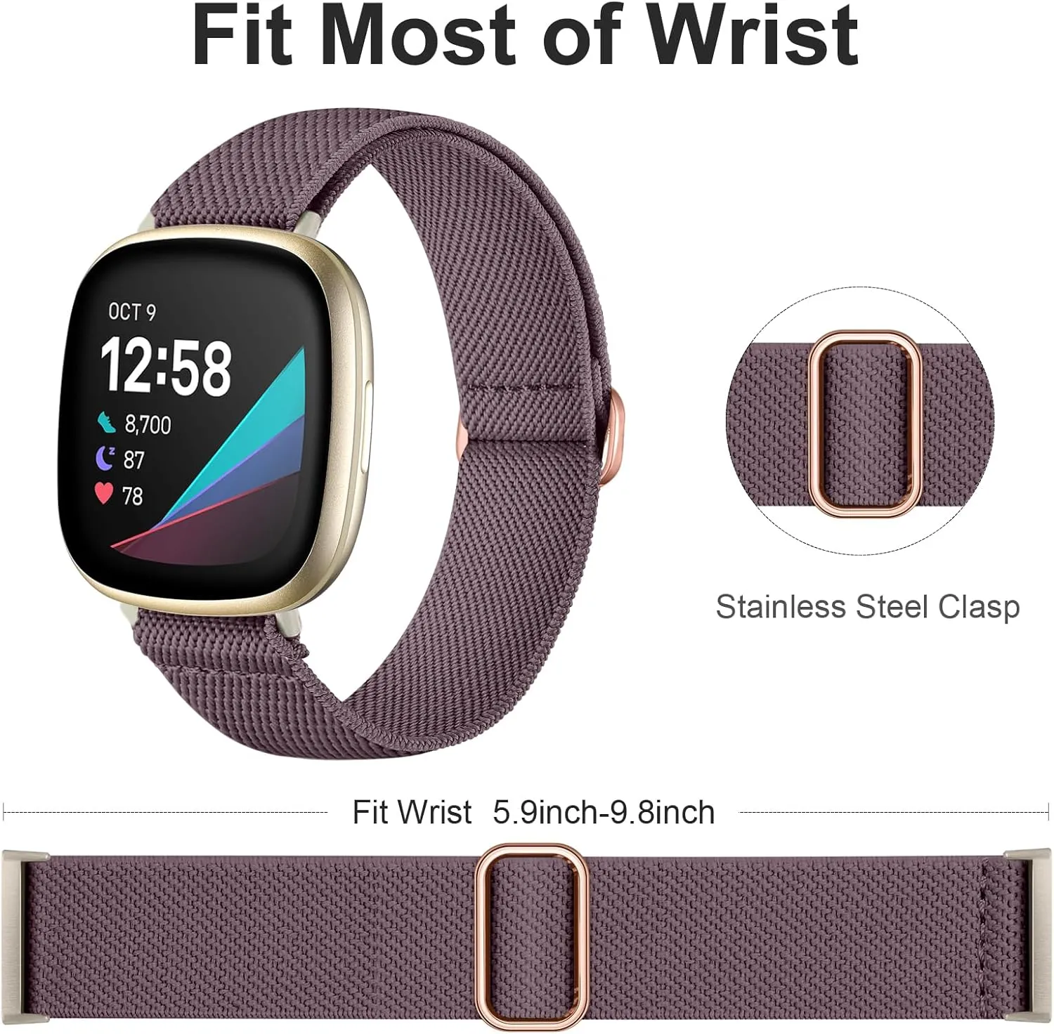 Ouwegaga Compatible with Fitbit Sense 2 Bands/Sense/Versa 3/Versa 4 Bands for Women, Water-Resistant Solo Loop Elastic Nylon Sport Strap Compatible with Fitbit Smartwatch, 6 Pack