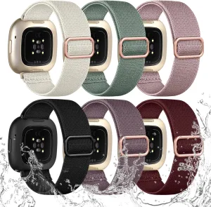 Ouwegaga Compatible with Fitbit Sense 2 Bands/Sense/Versa 3/Versa 4 Bands for Women, Water-Resistant Solo Loop Elastic Nylon Sport Strap Compatible with Fitbit Smartwatch, 6 Pack