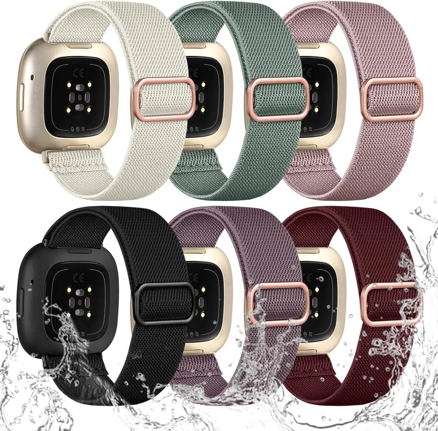 Ouwegaga Compatible with Fitbit Sense 2 Bands/Sense/Versa 3/Versa 4 Bands for Women, Water-Resistant Solo Loop Elastic Nylon Sport Strap Compatible with Fitbit Smartwatch, 6 Pack