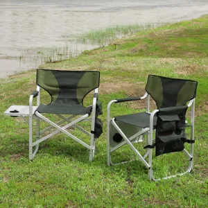 Oversized Padded Folding Camping Chairs with Side Table - 2 Pack Green