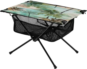 Palm Tree Print Portable Folding Camping Table, Compact Lightweight Beach Table with Carrying Bag for Outdoor Picnics, BBQs, Camp