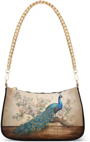 Peacock Vintage Artwork Tote Bag Hobo Handbag for Women Ladies Shoulder Bag Mini Clutch Purse with Zipper Closure