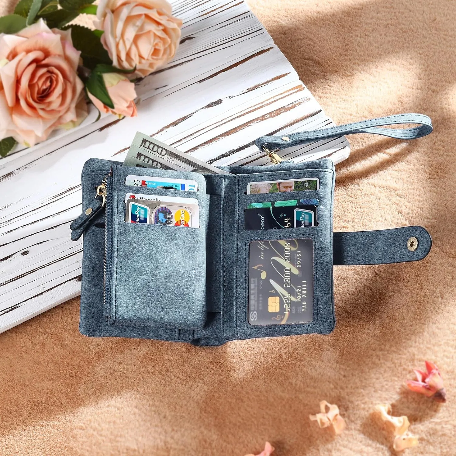 Personalized Custom Wallet with Name & Birth Flower for Women Multi Credit Card Wallet With Wrist Strap Birthday Gifts for Mom Mothers Day (Blue)