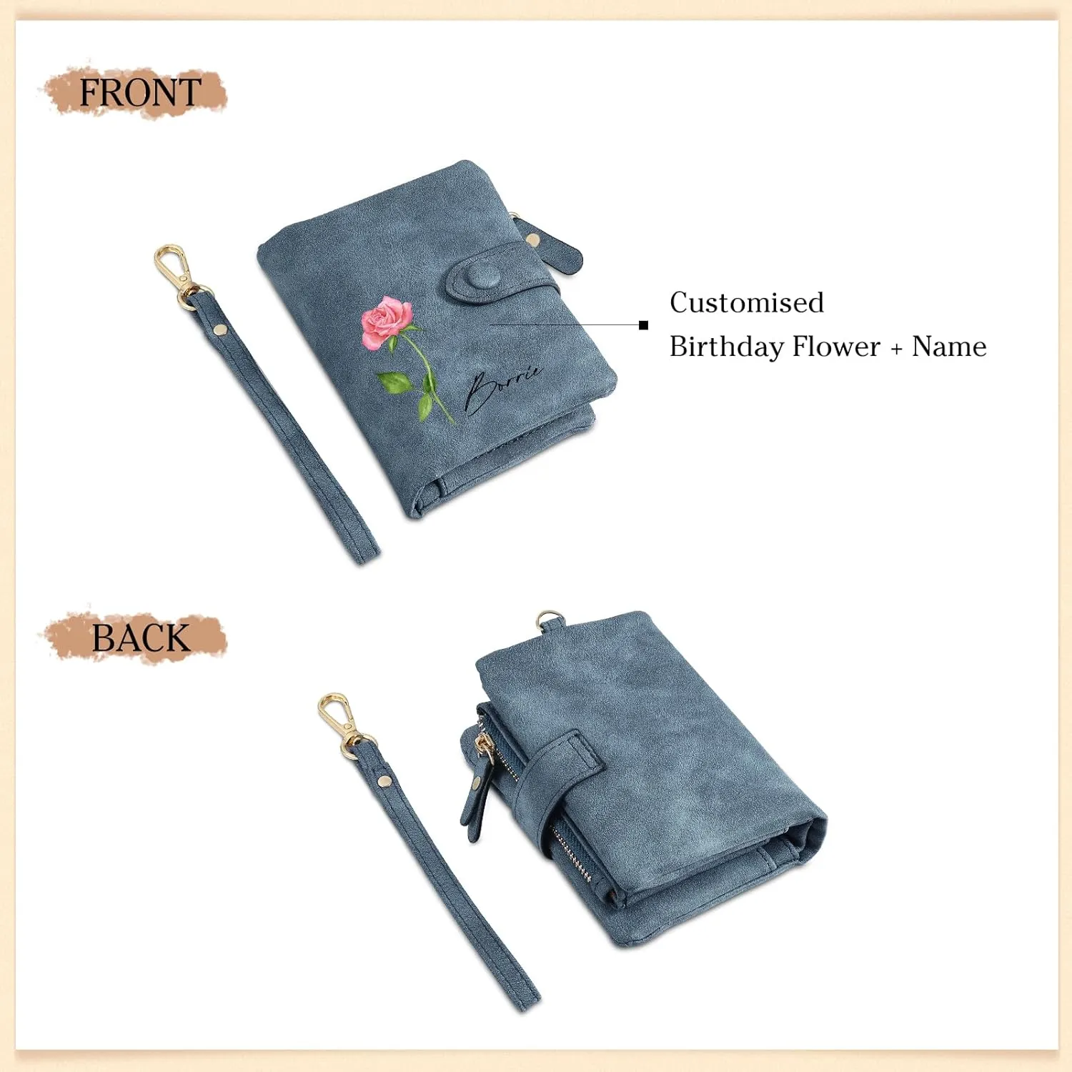 Personalized Custom Wallet with Name & Birth Flower for Women Multi Credit Card Wallet With Wrist Strap Birthday Gifts for Mom Mothers Day (Blue)