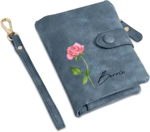 Personalized Custom Wallet with Name & Birth Flower for Women Multi Credit Card Wallet With Wrist Strap Birthday Gifts for Mom Mothers Day (Blue)