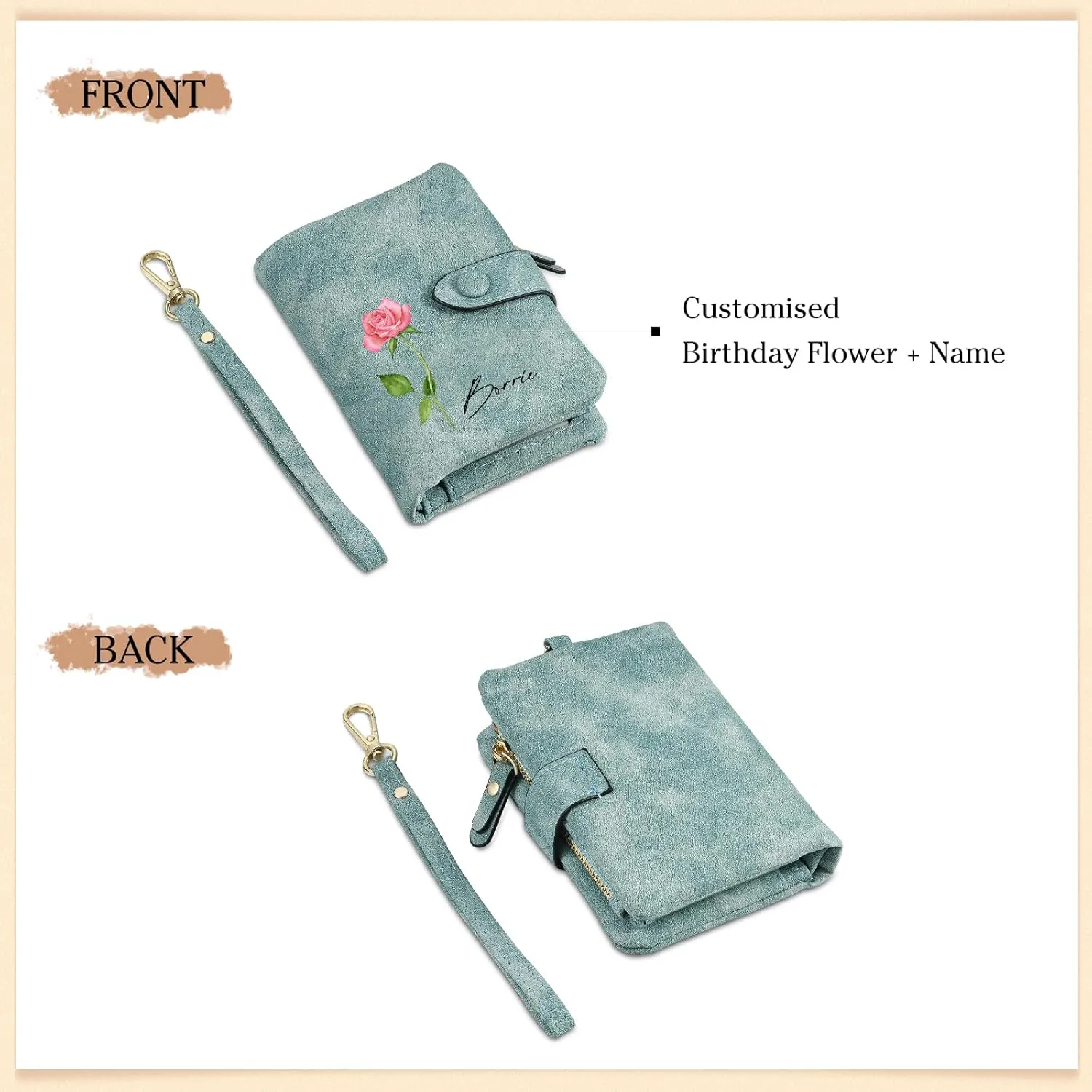 Personalized Custom Wallet with Name & Birth Flower for Women Multi Credit Card Wallet With Wrist Strap Birthday Gifts for Mom Mothers Day (Green)