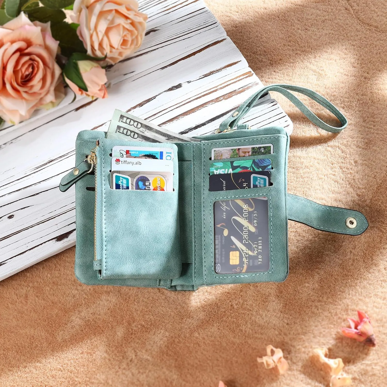 Personalized Custom Wallet with Name & Birth Flower for Women Multi Credit Card Wallet With Wrist Strap Birthday Gifts for Mom Mothers Day (Green)