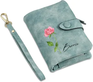 Personalized Custom Wallet with Name & Birth Flower for Women Multi Credit Card Wallet With Wrist Strap Birthday Gifts for Mom Mothers Day (Green)