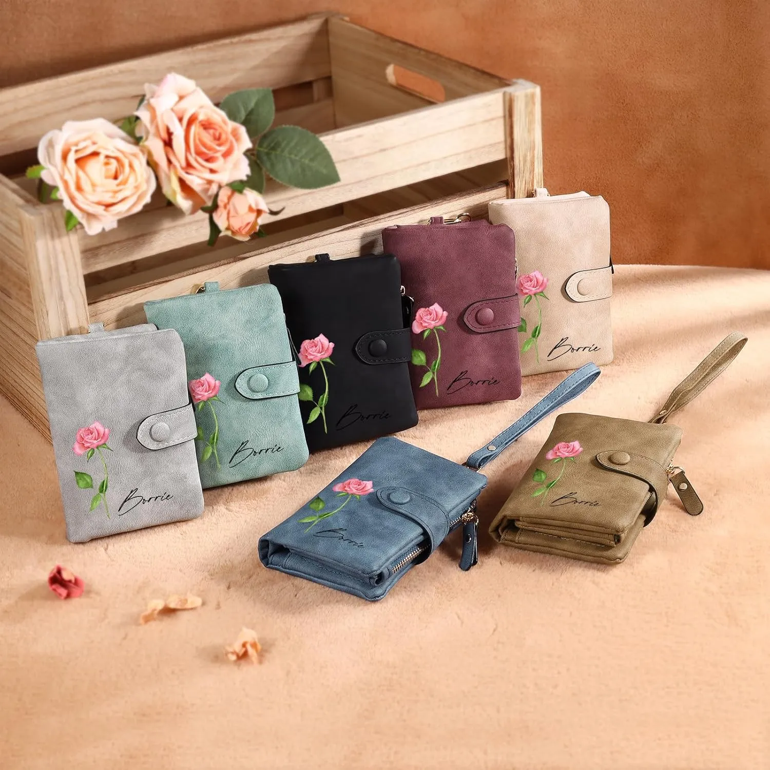 Personalized Custom Wallet with Name & Birth Flower for Women Multi Credit Card Wallet With Wrist Strap Birthday Gifts for Mom Mothers Day (Green)