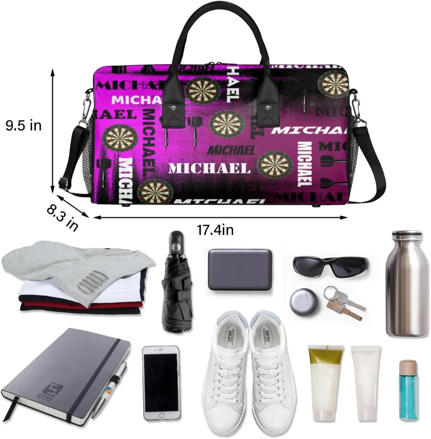 Personalized Darts Sport Duffel Bag with Name, Custom Gym Bag Customized Text Overnight Weekender Bag for Women Men, Dark Purple