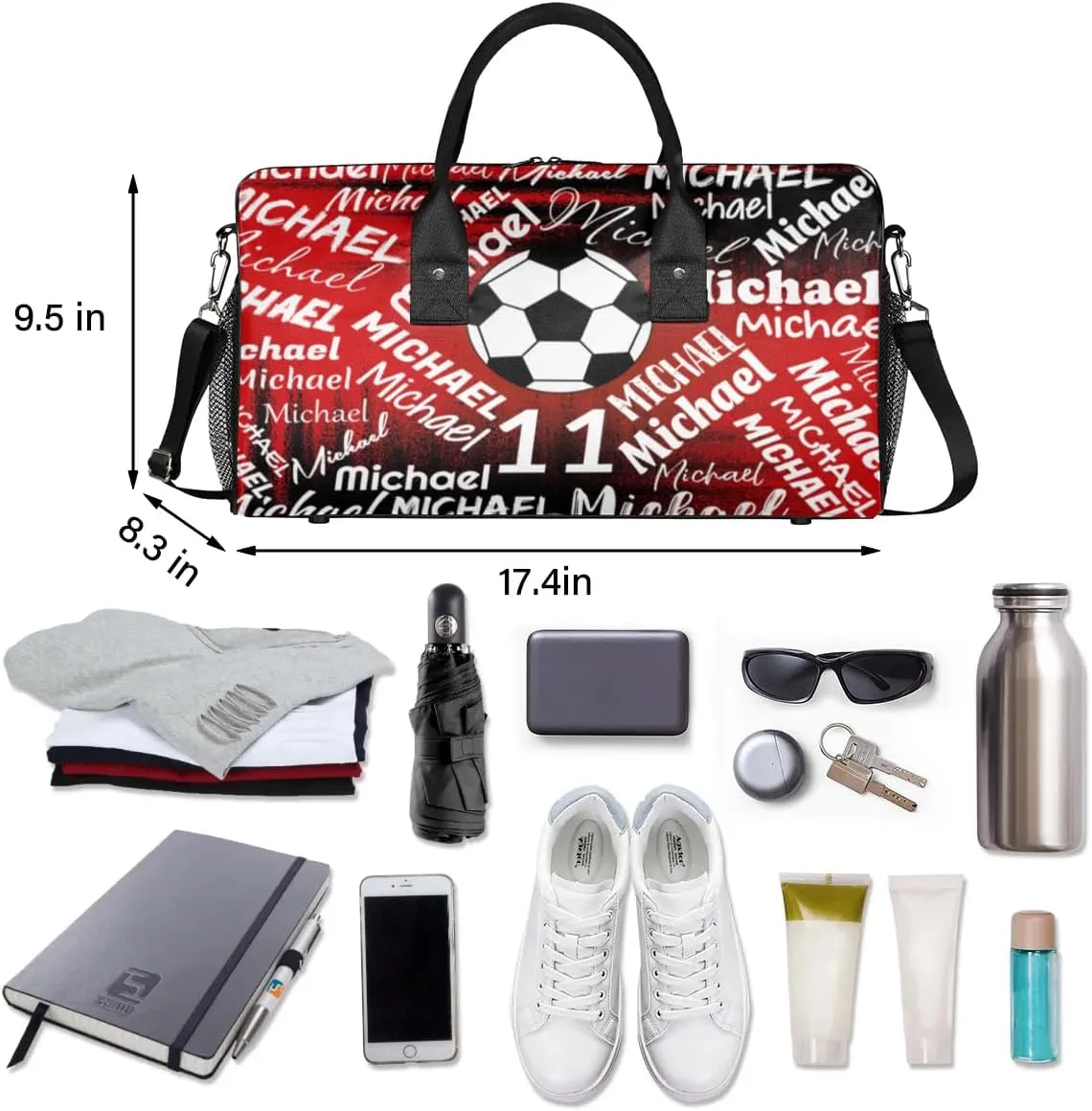 Personalized Gym Bag Sports Bag with Name, Custom Duffel Bag Travel Weekender Bags Carry on Bag, Black Red