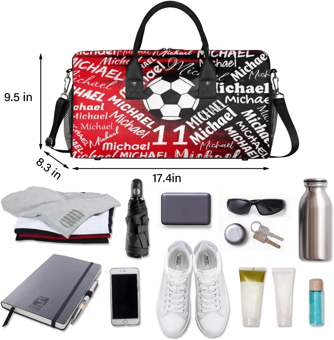 Personalized Gym Bag Sports Bag with Name, Custom Duffel Bag Travel Weekender Bags Carry on Bag, Dark Black Red