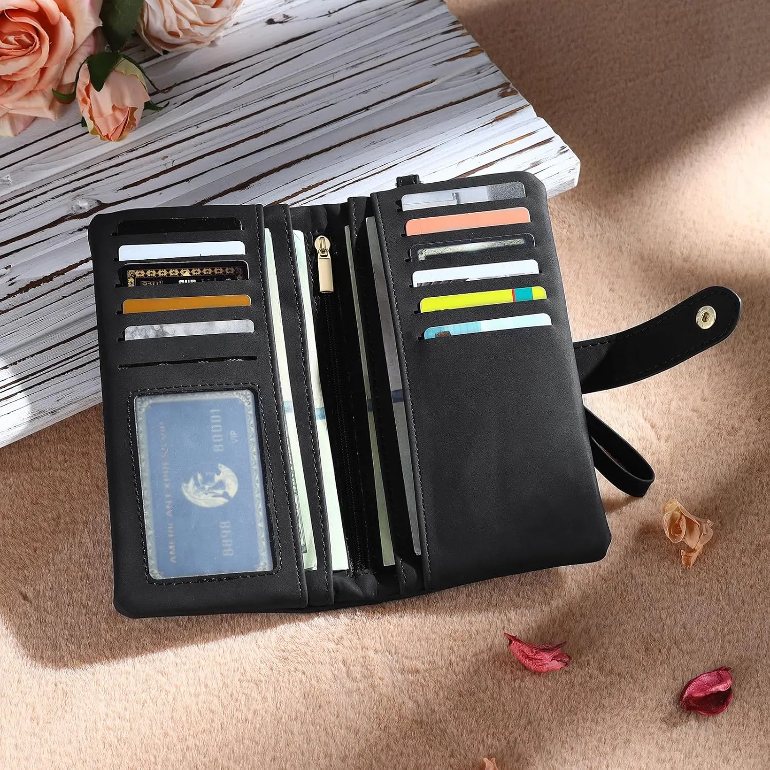 Personalized Wallet for Women Custom Birth Flower & Name Wristlet Women Wallets Leather Purse for Women Card Holder Wallet Gifts for Women Mom (Black)