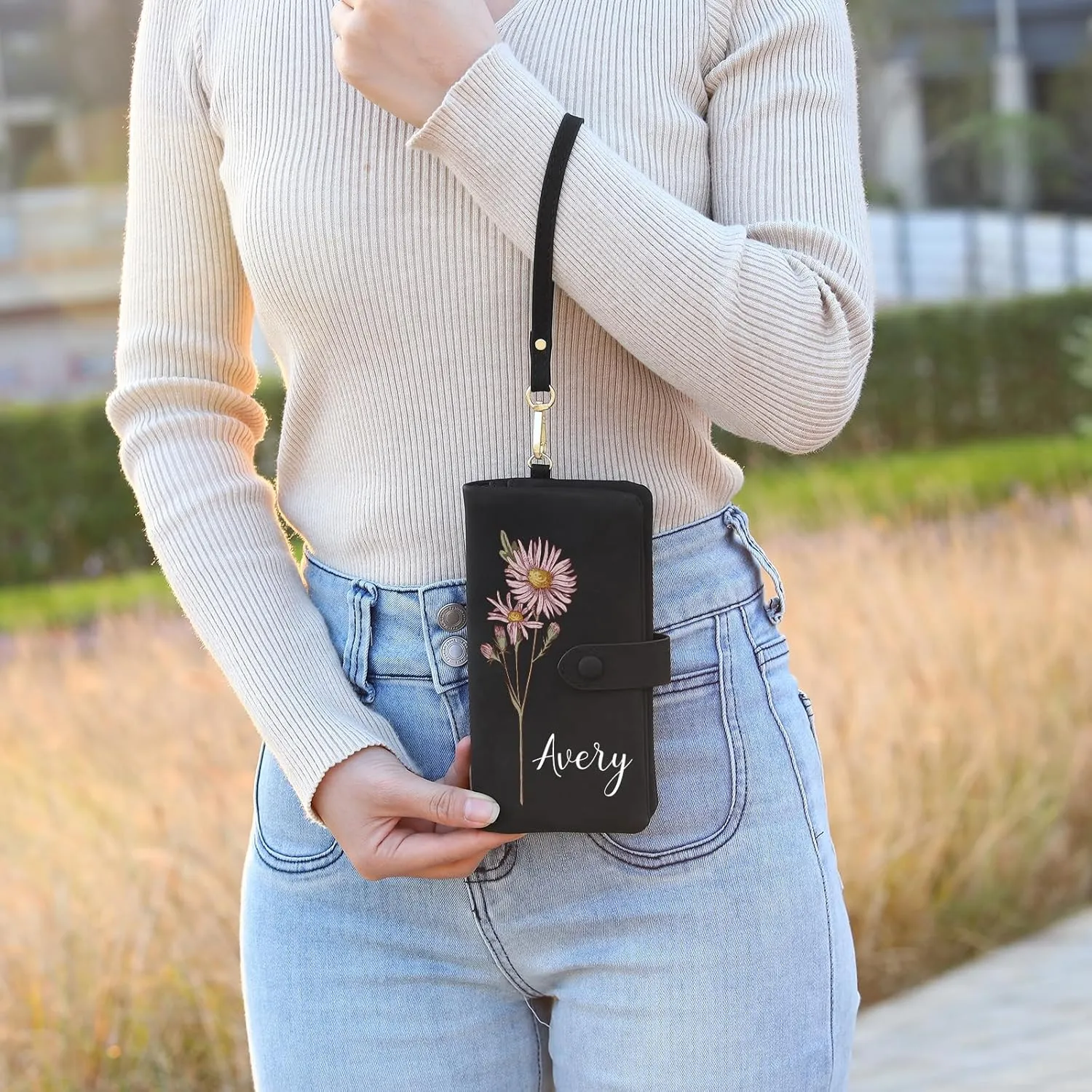 Personalized Wallet for Women Custom Birth Flower & Name Wristlet Women Wallets Leather Purse for Women Card Holder Wallet Gifts for Women Mom (Black)