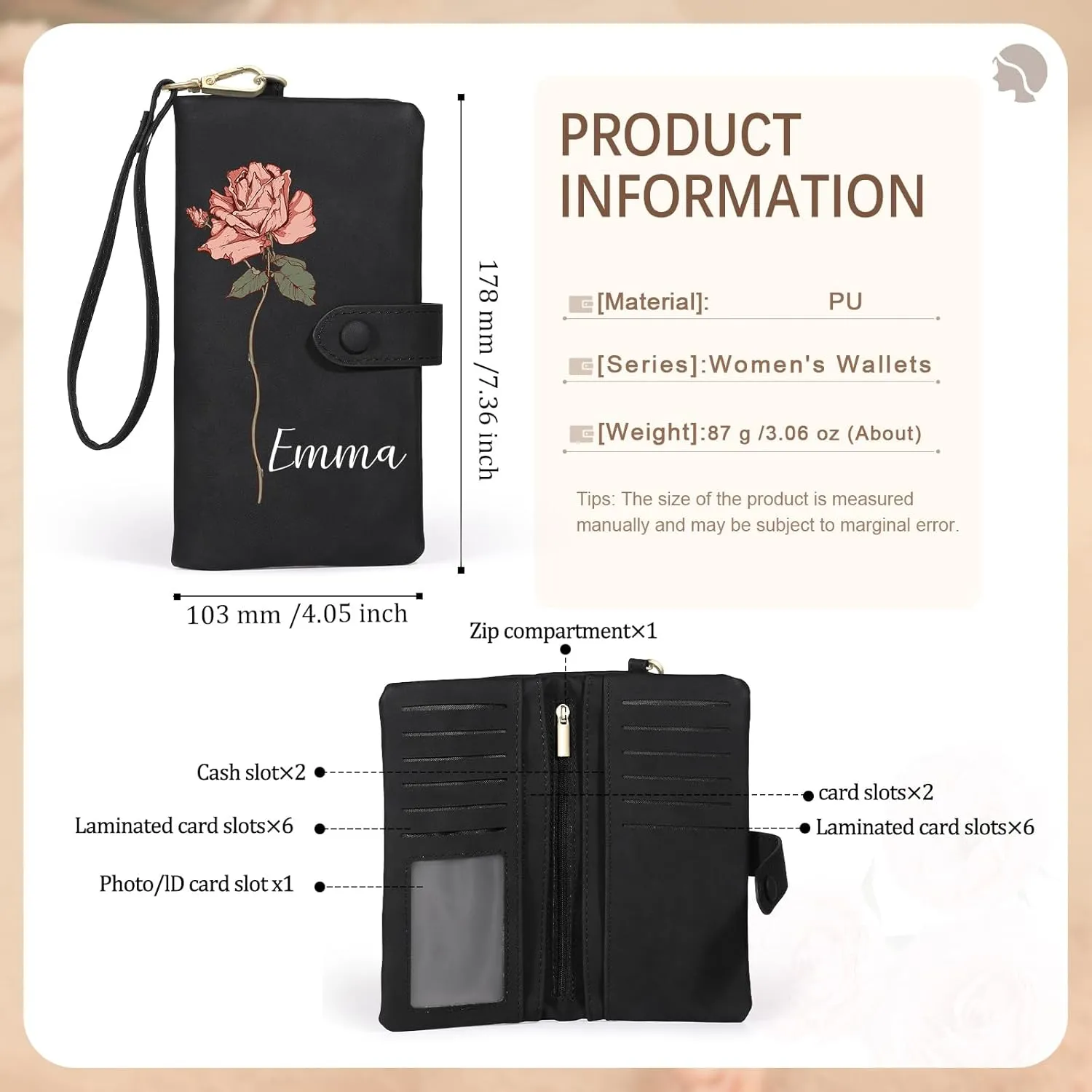 Personalized Wallet for Women Custom Birth Flower & Name Wristlet Women Wallets Leather Purse for Women Card Holder Wallet Gifts for Women Mom (Black)