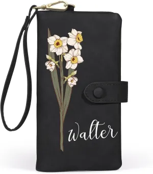 Personalized Wallet for Women Custom Birth Flower & Name Wristlet Women Wallets Leather Purse for Women Card Holder Wallet Gifts for Women Mom (Black)