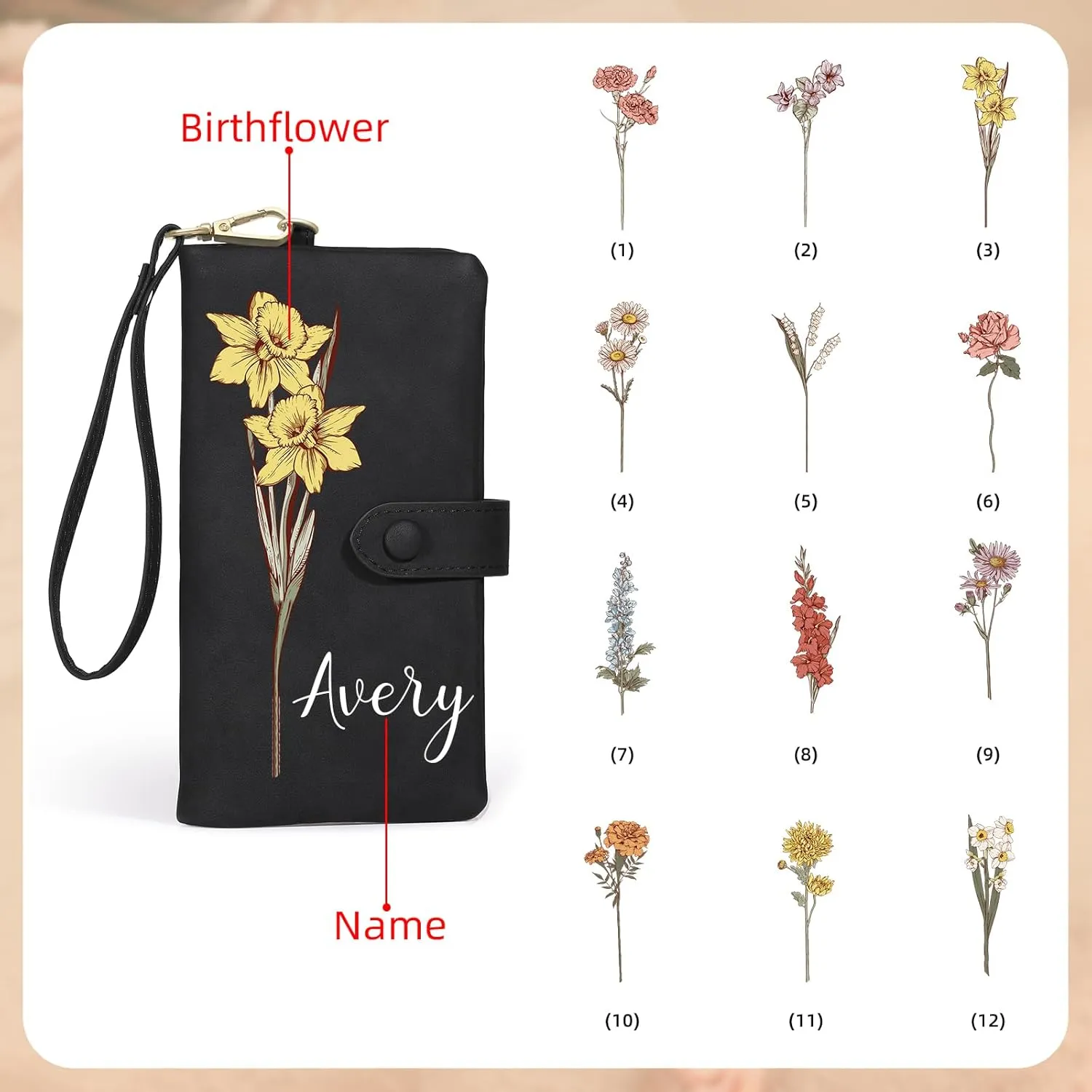 Personalized Wallet for Women Custom Birth Flower & Name Wristlet Women Wallets Leather Purse for Women Card Holder Wallet Gifts for Women Mom (Black)