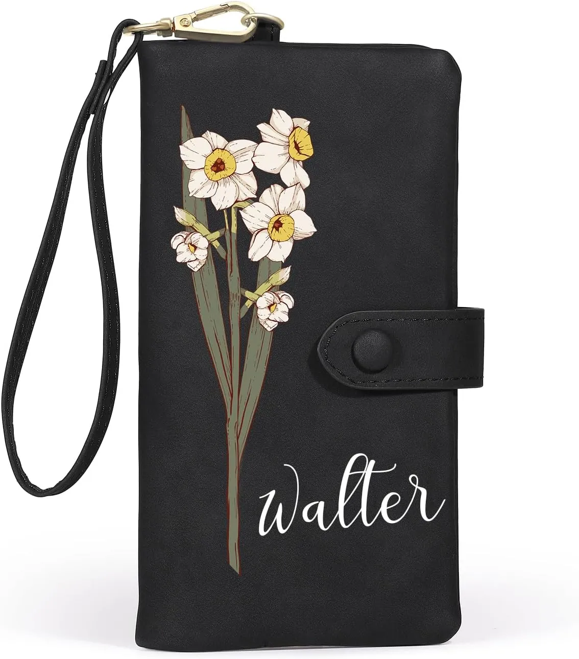 Personalized Wallet for Women Custom Birth Flower & Name Wristlet Women Wallets Leather Purse for Women Card Holder Wallet Gifts for Women Mom (Black)