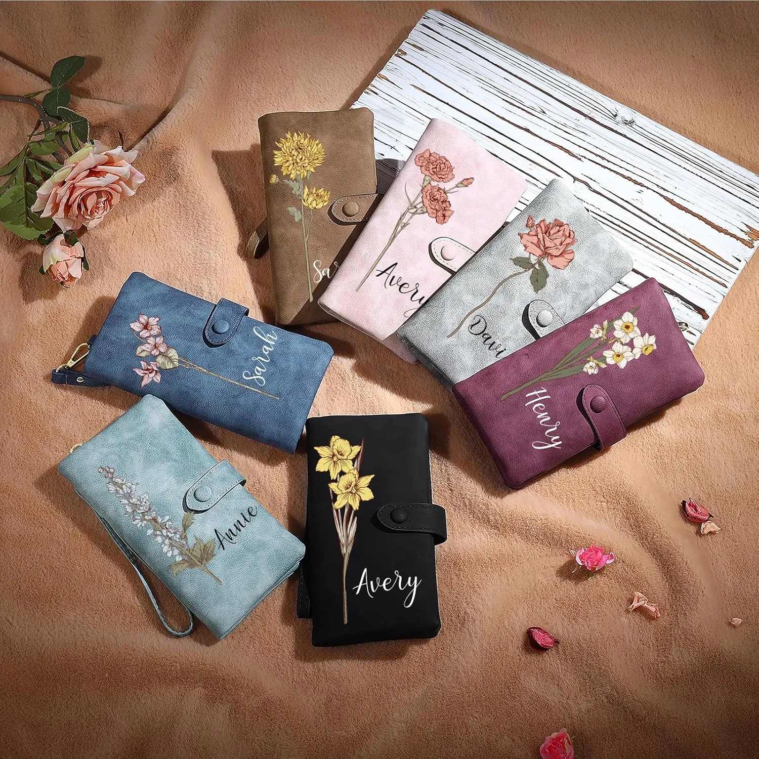 Personalized Wallet for Women Custom Birth Flower & Name Wristlet Women Wallets Leather Purse for Women Card Holder Wallet Gifts for Women Mom (Grey)