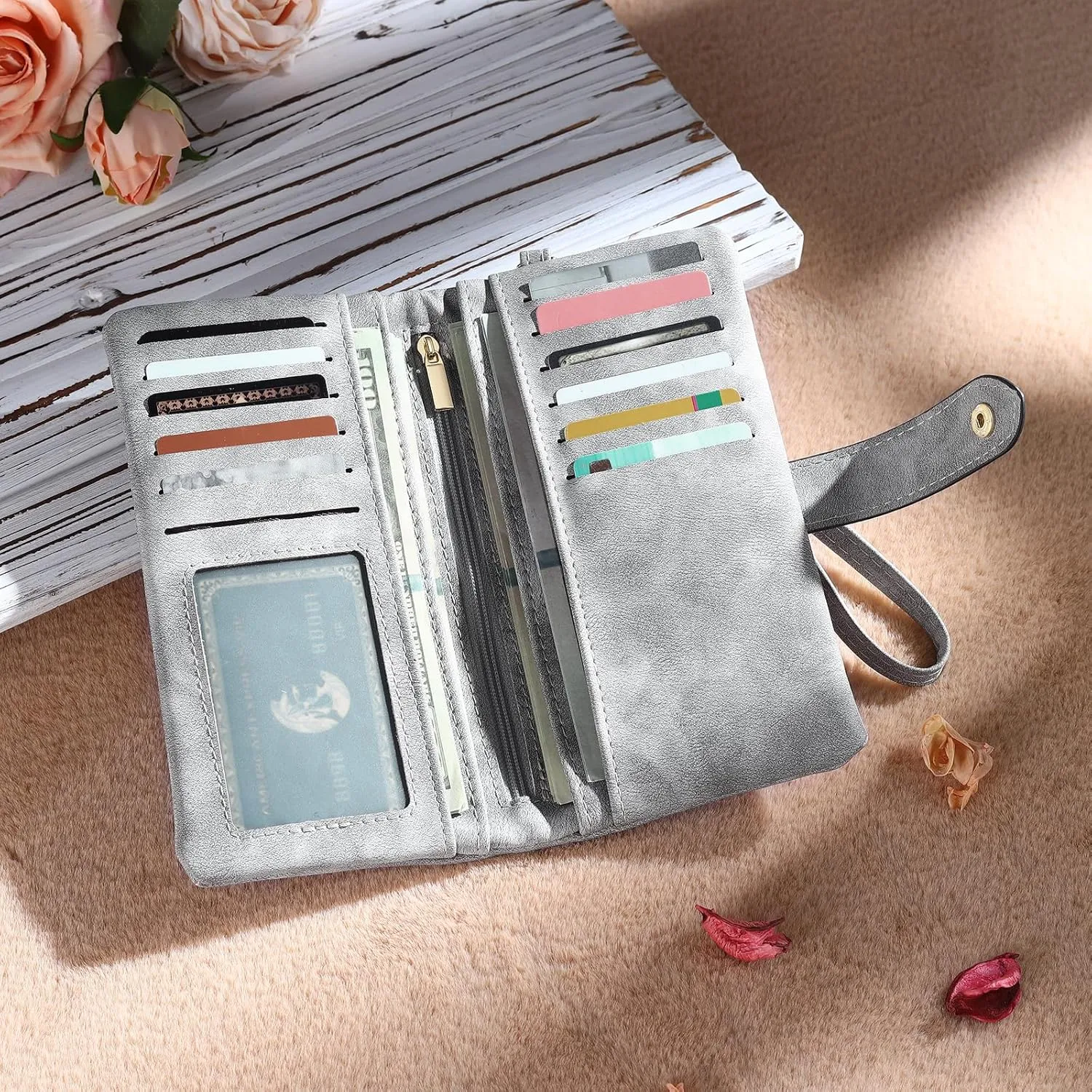 Personalized Wallet for Women Custom Birth Flower & Name Wristlet Women Wallets Leather Purse for Women Card Holder Wallet Gifts for Women Mom (Grey)