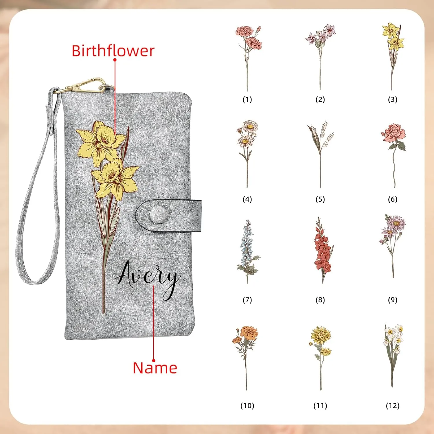 Personalized Wallet for Women Custom Birth Flower & Name Wristlet Women Wallets Leather Purse for Women Card Holder Wallet Gifts for Women Mom (Grey)