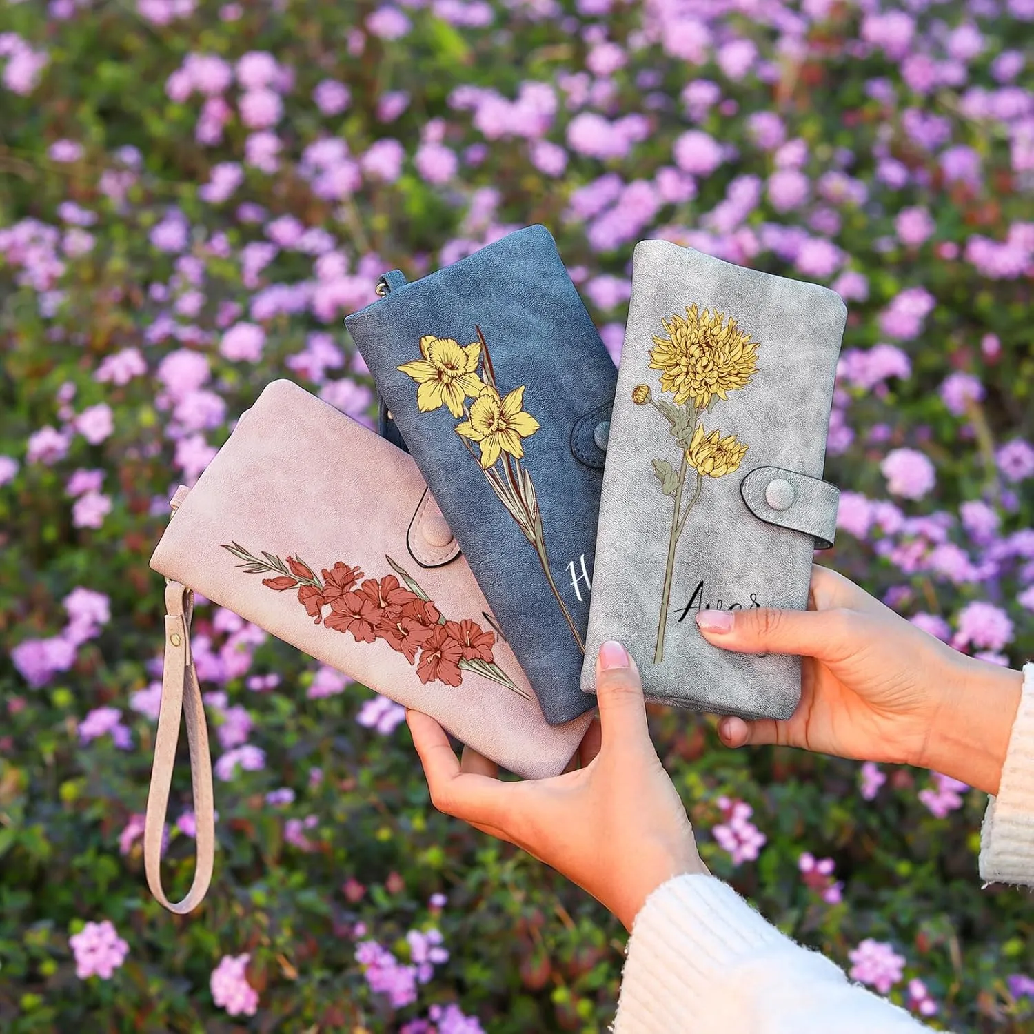 Personalized Wallet for Women Custom Birth Flower & Name Wristlet Women Wallets Leather Purse for Women Card Holder Wallet Gifts for Women Mom (Grey)