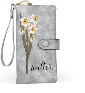 Personalized Wallet for Women Custom Birth Flower & Name Wristlet Women Wallets Leather Purse for Women Card Holder Wallet Gifts for Women Mom (Grey)