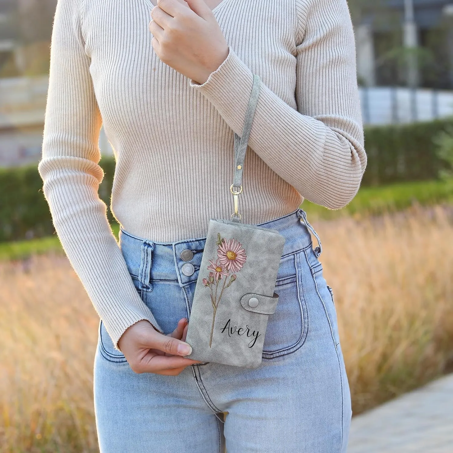 Personalized Wallet for Women Custom Birth Flower & Name Wristlet Women Wallets Leather Purse for Women Card Holder Wallet Gifts for Women Mom (Grey)