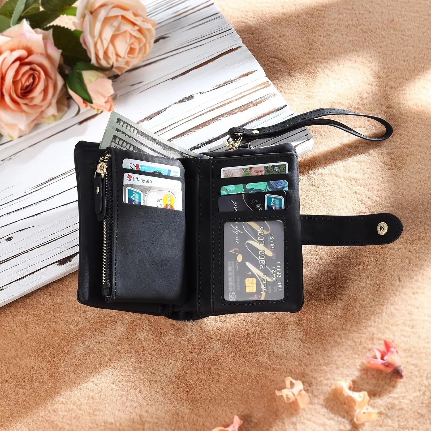 Personalized Wallet Women Small with Birth Flower and Name: Custom Bi-fold Women's Wallets - Ladies Minimalist Wallet for Women Teen Girls Gift (Black, Birth Flower Name Photo)