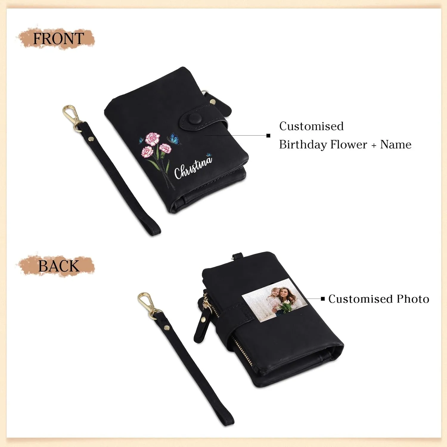 Personalized Wallet Women Small with Birth Flower and Name: Custom Bi-fold Women's Wallets - Ladies Minimalist Wallet for Women Teen Girls Gift (Black, Birth Flower Name Photo)