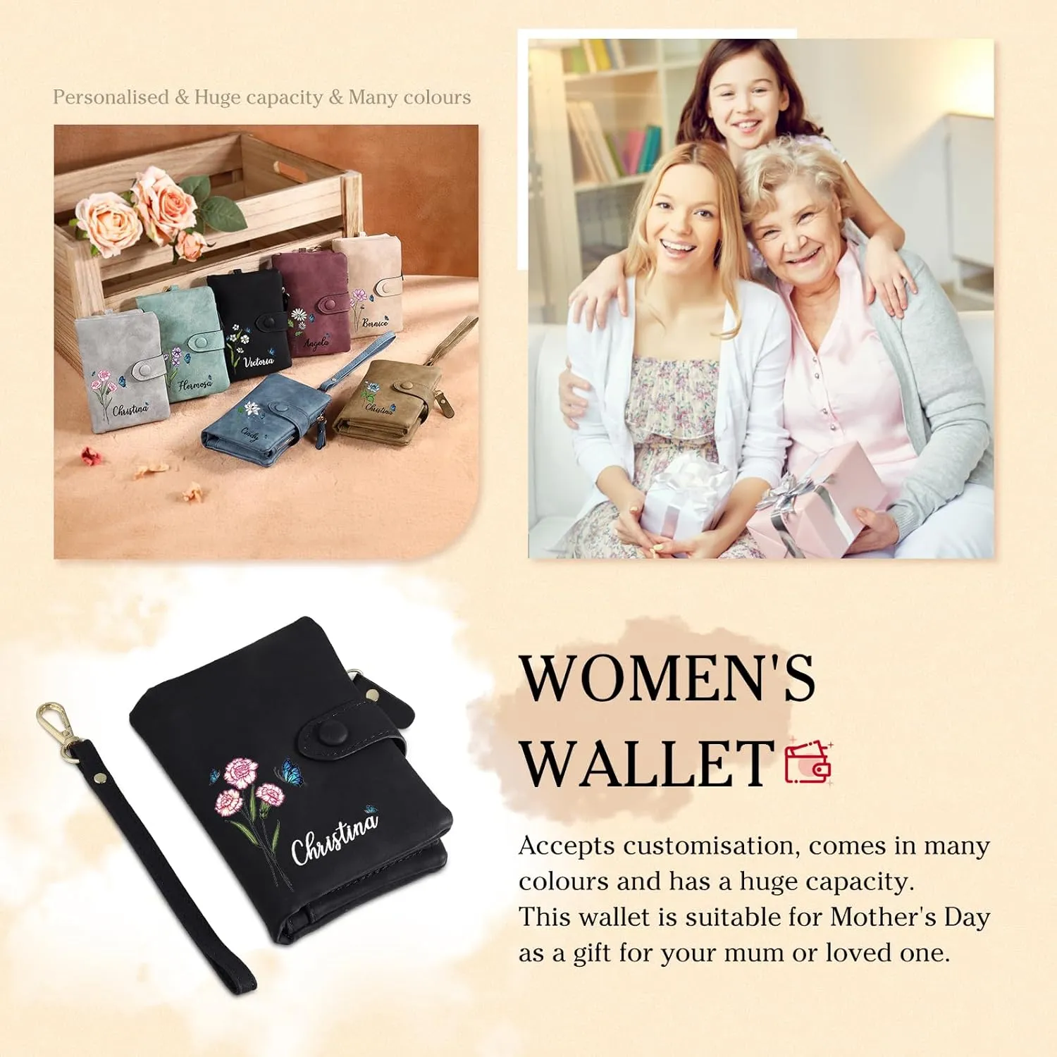 Personalized Wallet Women Small with Birth Flower and Name: Custom Bi-fold Women's Wallets - Ladies Minimalist Wallet for Women Teen Girls Gift (Black, Birth Flower Name Photo)