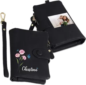 Personalized Wallet Women Small with Birth Flower and Name: Custom Bi-fold Women's Wallets - Ladies Minimalist Wallet for Women Teen Girls Gift (Black, Birth Flower Name Photo)