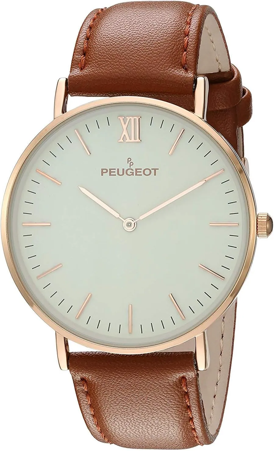 Peugeot Men's Ultra Slim Watch, 14Kt Gold Plated Round Minimalist Wrist Watch for Men with Easy to Read Dial and Genuine Leather Band