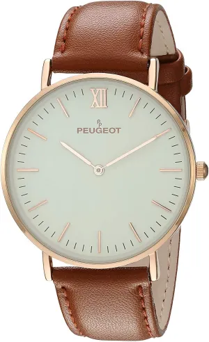 Peugeot Men's Ultra Slim Watch, 14Kt Gold Plated Round Minimalist Wrist Watch for Men with Easy to Read Dial and Genuine Leather Band