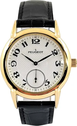Peugeot Men’s Vintage 14K Gold Plated Watch with Remote Sweep and Black Leather Strap