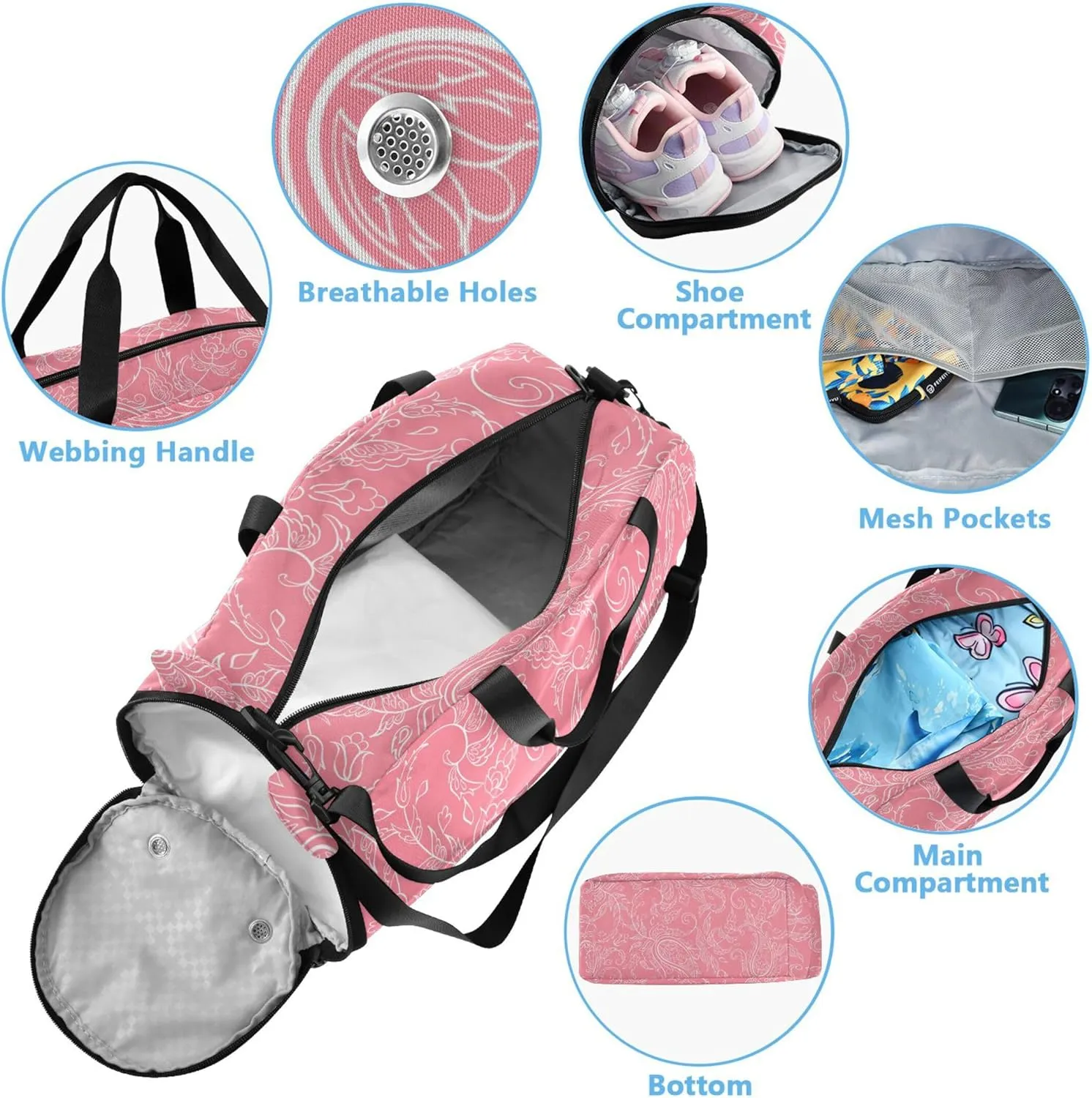 Pink Paisley Pattern Girl's Gym Duffel Bag with Shoes Compartment Large Capacity Kids Overnighter Duffel Bags for Boys and Girls
