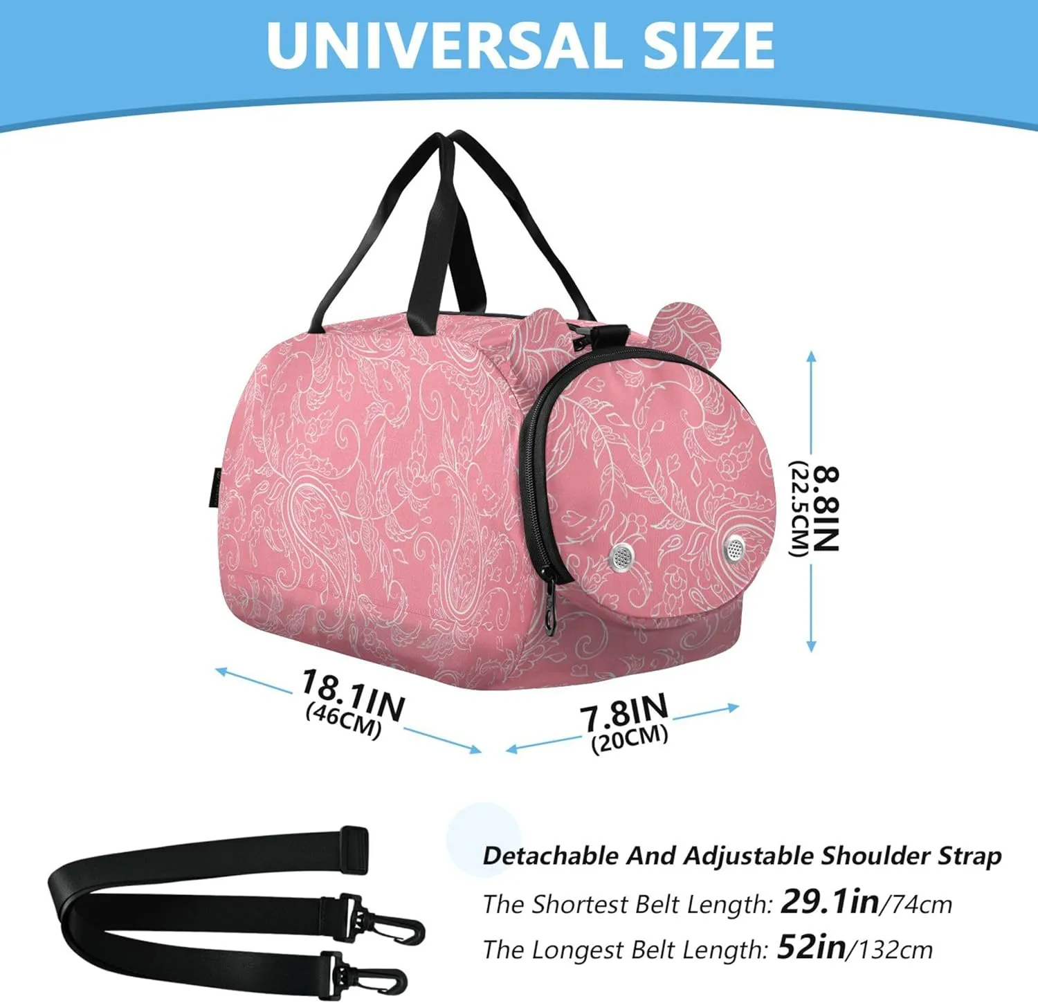 Pink Paisley Pattern Girl's Gym Duffel Bag with Shoes Compartment Large Capacity Kids Overnighter Duffel Bags for Boys and Girls