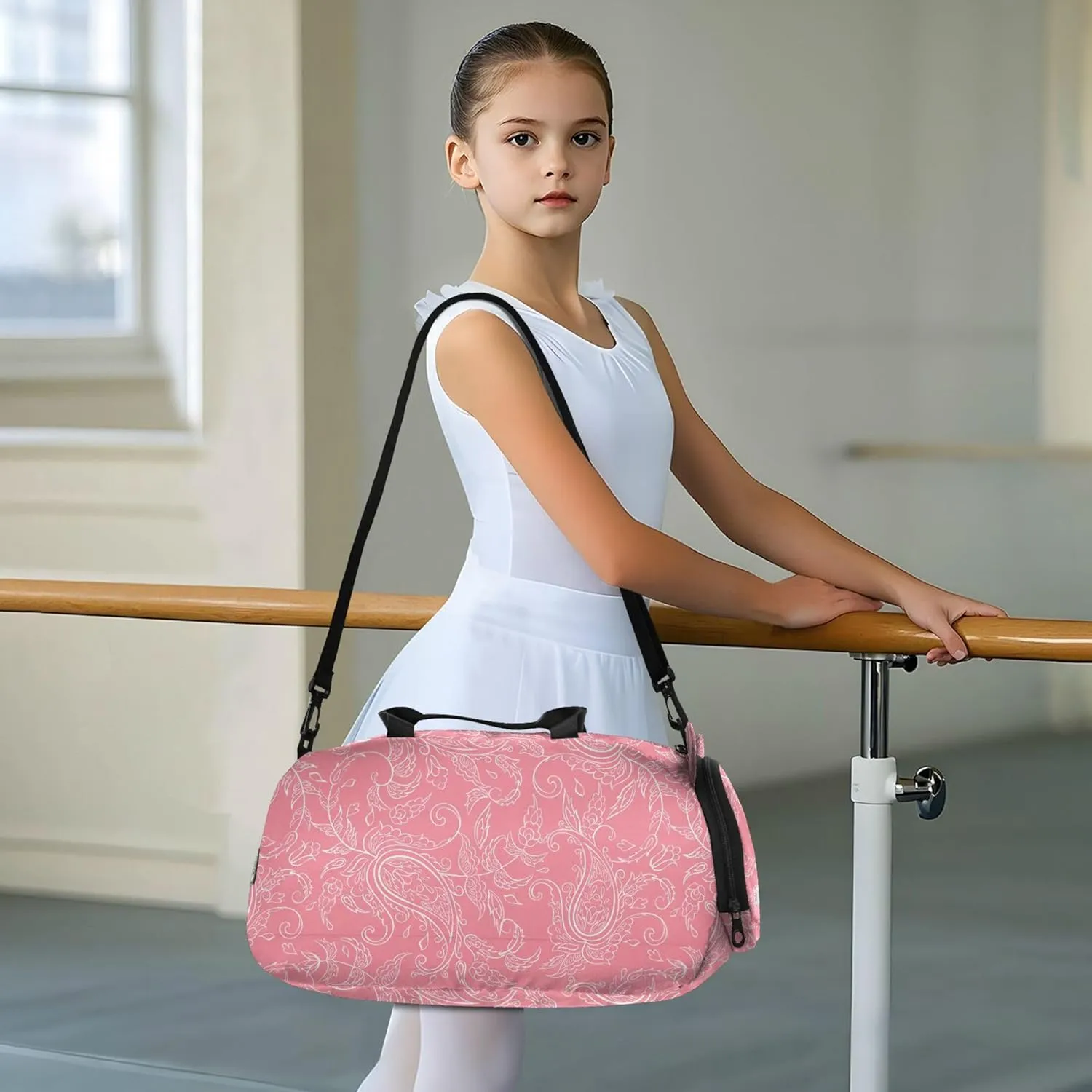Pink Paisley Pattern Girl's Gym Duffel Bag with Shoes Compartment Large Capacity Kids Overnighter Duffel Bags for Boys and Girls