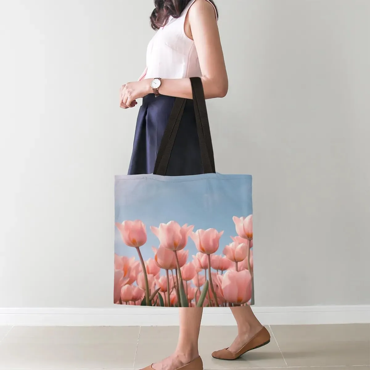 Pink Roses Flowers Bloom Canvas Tote Bag for Women Men Stylish Tote Handbag Shoulder Bag Reusable Grocery Bag