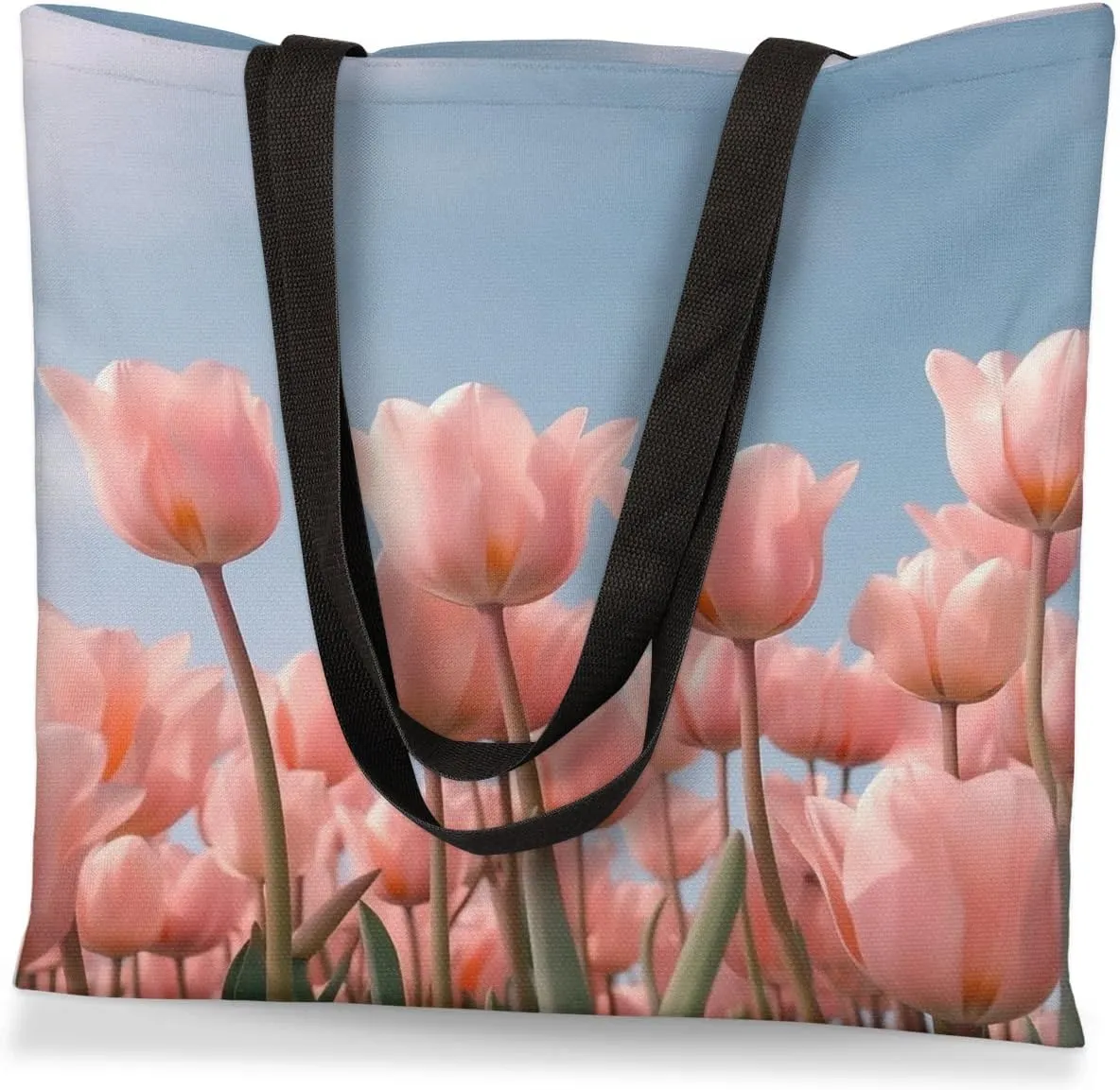 Pink Roses Flowers Bloom Canvas Tote Bag for Women Men Stylish Tote Handbag Shoulder Bag Reusable Grocery Bag