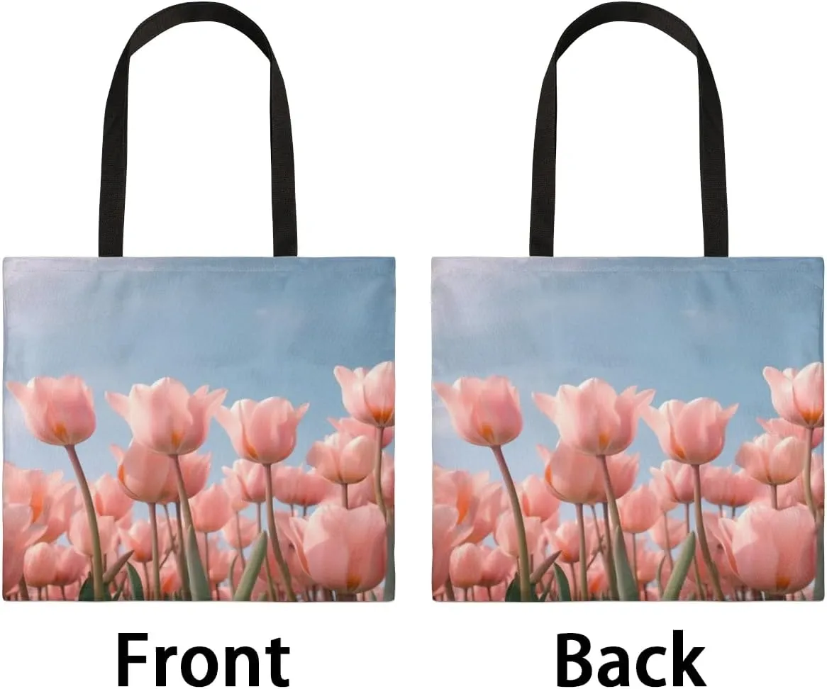 Pink Roses Flowers Bloom Canvas Tote Bag for Women Men Stylish Tote Handbag Shoulder Bag Reusable Grocery Bag