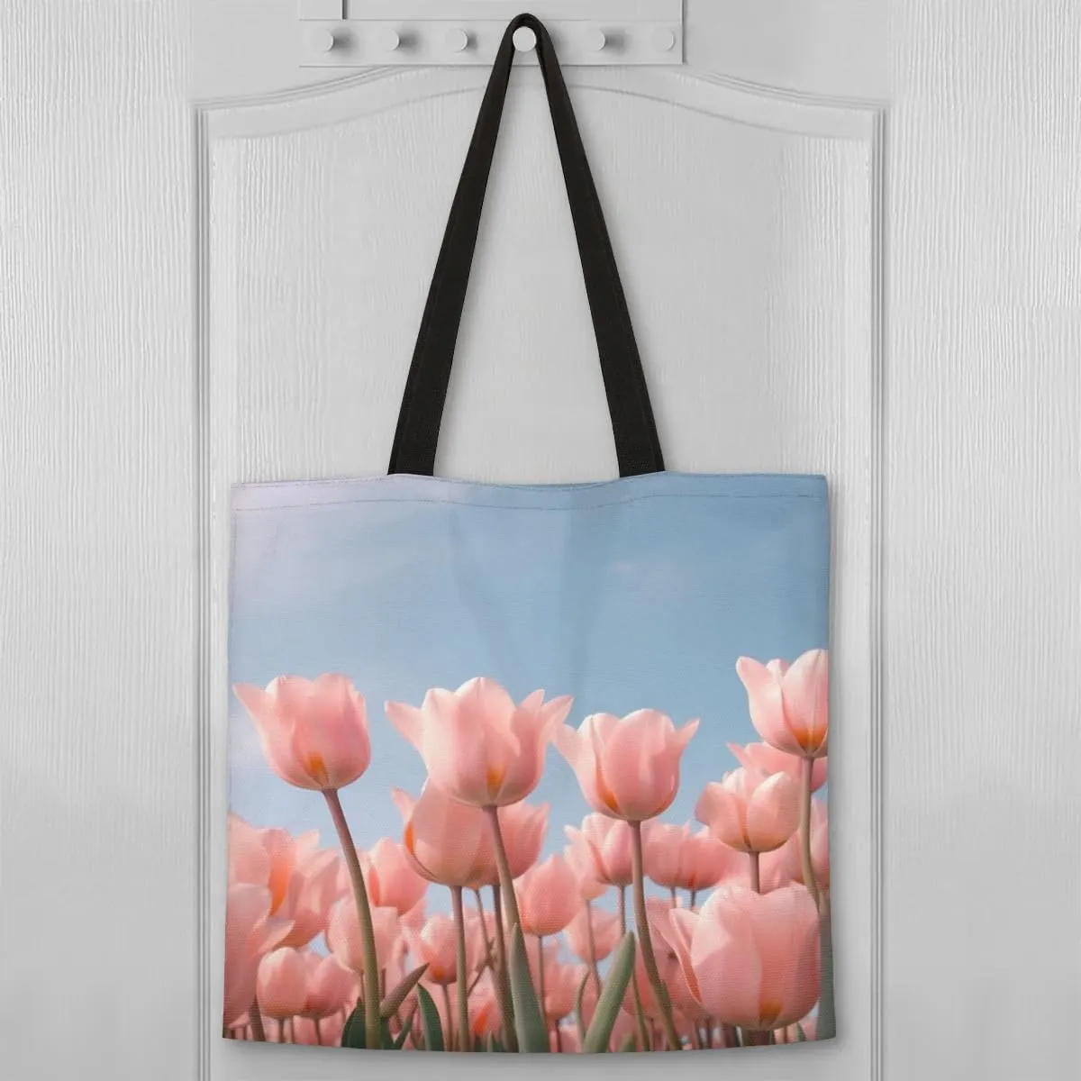 Pink Roses Flowers Bloom Canvas Tote Bag for Women Men Stylish Tote Handbag Shoulder Bag Reusable Grocery Bag