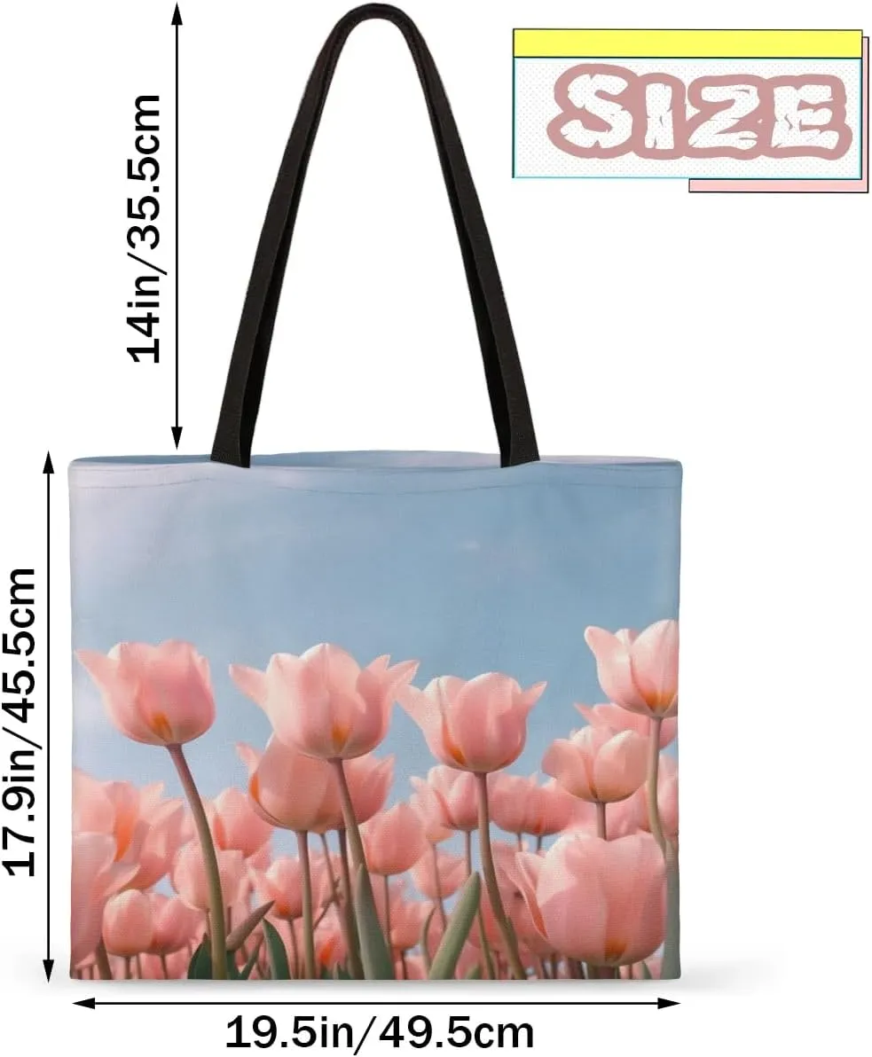 Pink Roses Flowers Bloom Canvas Tote Bag for Women Men Stylish Tote Handbag Shoulder Bag Reusable Grocery Bag