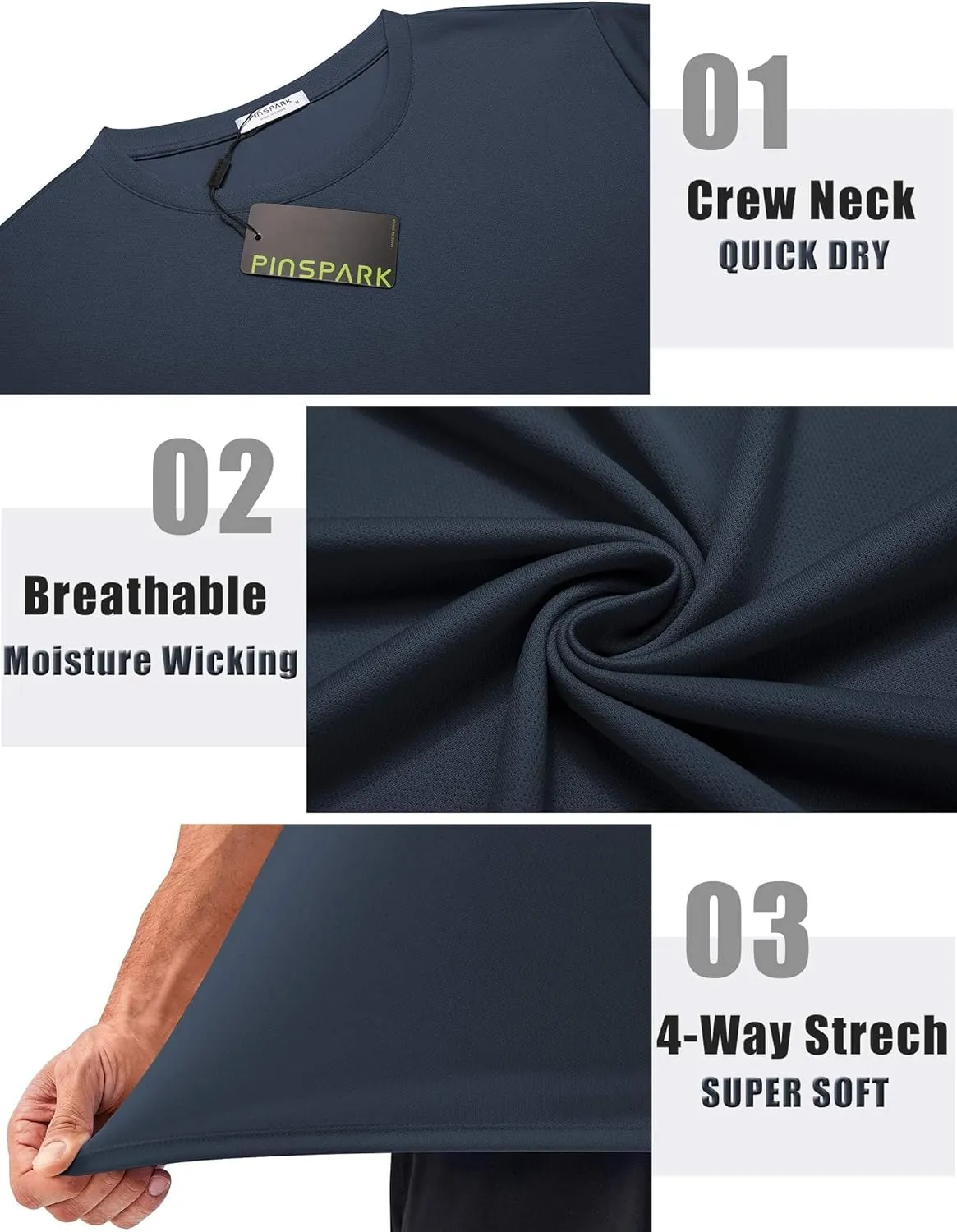 PINSPARK Men's 3 Pack Workout Shirts Quick Dry Moisture Wicking Crewneck Tee Shirt Mesh Athletic T-Shirts