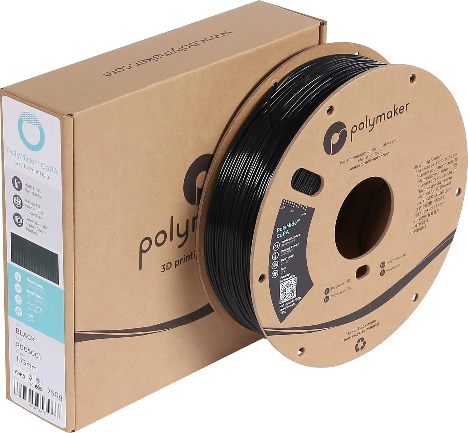 Polymaker Nylon Filament 1.75mm 0.75kg Black CoPA, PolyMide CoPA Warp Free Nylon 3D Printer Filament, Strong & Tough & Heat Resistant