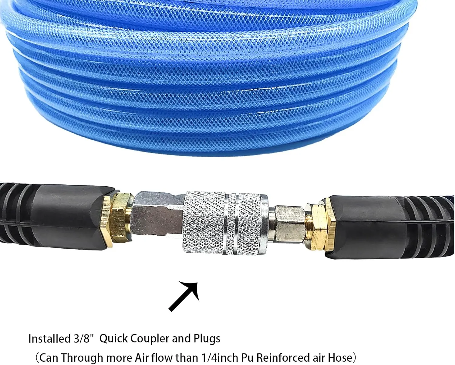 Polyurethane (PU) Air Hose 3/8-Inch by 100 FT Lightweight, Kink Resistant, All-Weather Flexibility with 3/8-Inch Male Fittings, Bend black Restrictors, Transparent blue (100FT)