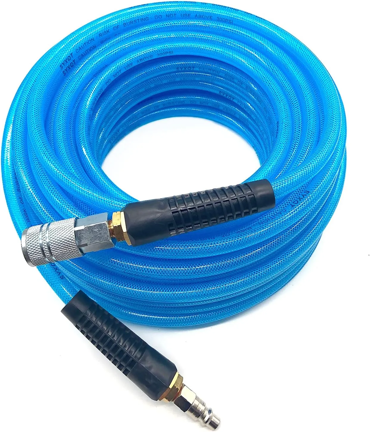 Polyurethane (PU) Air Hose 3/8-Inch by 100 FT Lightweight, Kink Resistant, All-Weather Flexibility with 3/8-Inch Male Fittings, Bend black Restrictors, Transparent blue (100FT)