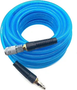 Polyurethane (PU) Air Hose 3/8-Inch by 100 FT Lightweight, Kink Resistant, All-Weather Flexibility with 3/8-Inch Male Fittings, Bend black Restrictors, Transparent blue (100FT)