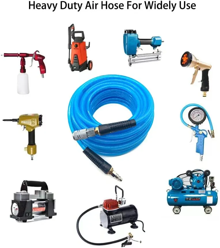 Polyurethane (PU) Air Hose 3/8-Inch by 100 FT Lightweight, Kink Resistant, All-Weather Flexibility with 3/8-Inch Male Fittings, Bend black Restrictors, Transparent blue (100FT)