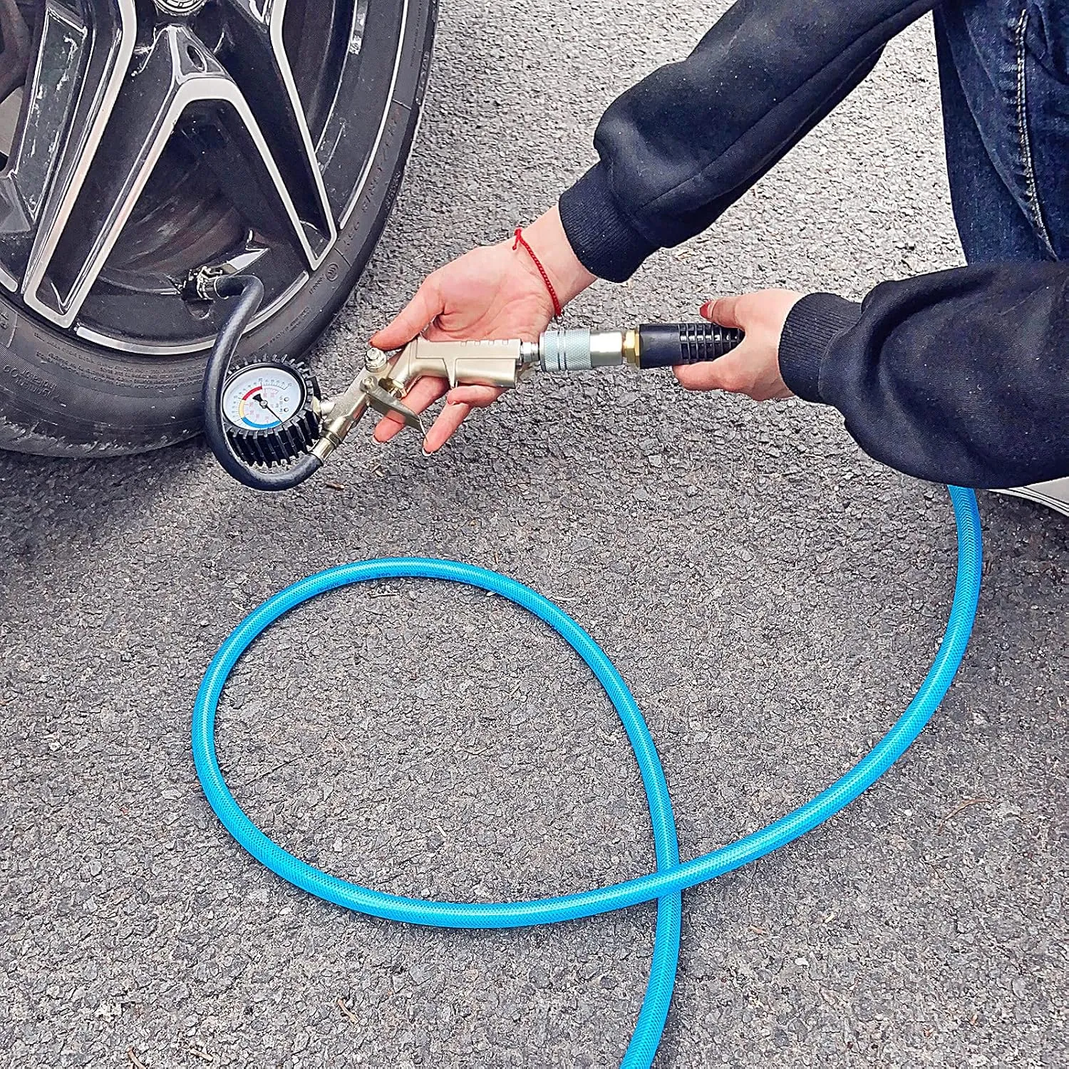 Polyurethane (PU) Air Hose 3/8-Inch by 100 FT Lightweight, Kink Resistant, All-Weather Flexibility with 3/8-Inch Male Fittings, Bend black Restrictors, Transparent blue (100FT)